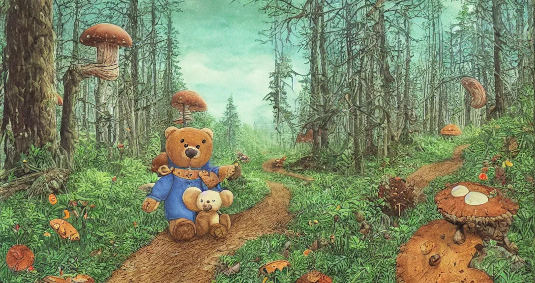 Prompt: teddy bear traveling on a forest road, with by lots of different kind on animals, small and big fairy tale buildings, giant mushrooms, weird creatures, highly detailed, wide view, book illustration, by sven nordqvist