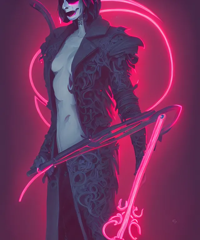 Image similar to a portrait of a neon grimm reaper holding a single scythe, fantasy, elegant, digital painting, artstation, concept art, matte, sharp focus, illustration, art by josan gonzalez