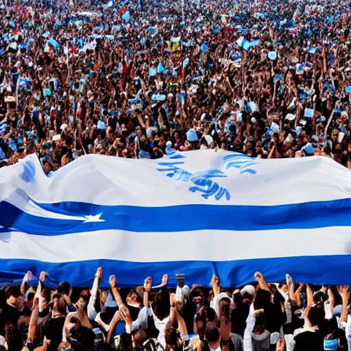 Image similar to Lady Gaga as president, Argentina presidential rally, Argentine flags behind, bokeh, giving a speech, detailed face, Argentina