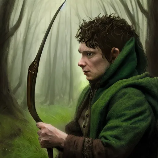 Prompt: a portrait of a handsome hobbit rogue wearing a dark green hood and a cloak in the forest, wearing adventure gear, holding a sword, ultra realistic, detailed, masterpiece, short hair cut, clean shaven, by Tony Sart and Randy Vargas and Greg Rutkowski, trending on ArtStation