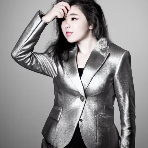 Image similar to female, beautiful, portrait, photograph, looking at viewer, silver pink black jacket,