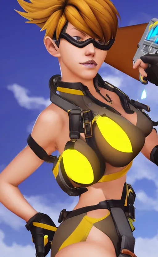 Image similar to tracer game character, in yellow bikini, blonde hair, black eyes, full height
