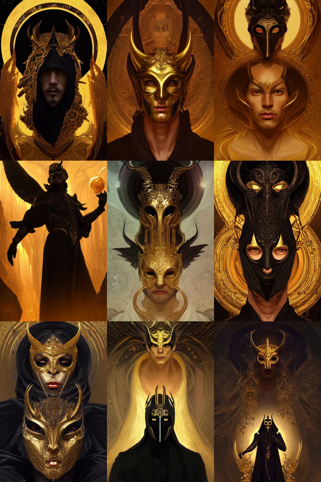 Prompt: portrait of male as lucifer, black clothes, gold mask, in the temple of hell, moon light, sci - fi and fantasy, intricate and very very beautiful and elegant, highly detailed, digital painting, artstation, concept art, smooth and sharp focus, illustration, art by tian zi and wlop and alphonse mucha