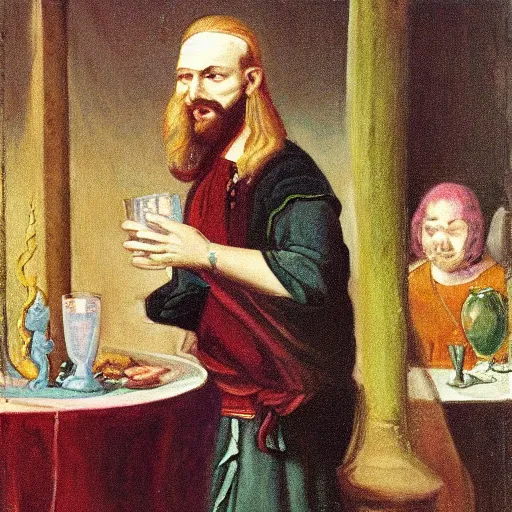 Prompt: a mystical man with a goblet on the table