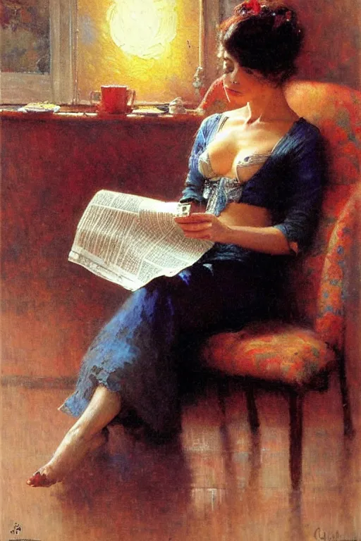 Image similar to attractive woman drinking coffee and reading newspaper, painting by gaston bussiere, craig mullins