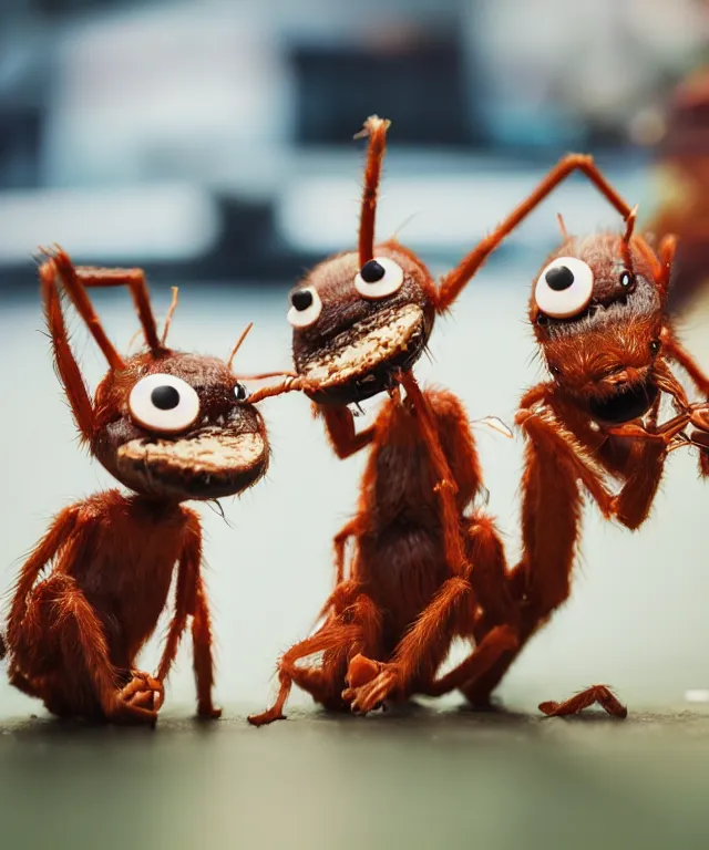 Prompt: high quality presentation photo of cute anthropomorphic ants eating crumbs, photography 4k f1.8 anamorphic bokeh 4k Canon Nikon