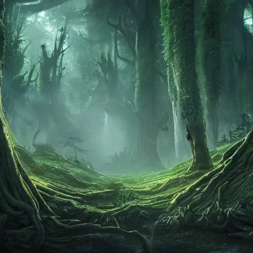 Prompt: a lush alien clearing, alien forest in background, otherworldly, wide angle, wallpaper, cinematic, very detailed, glow, night, vivid, featured on artstation -5