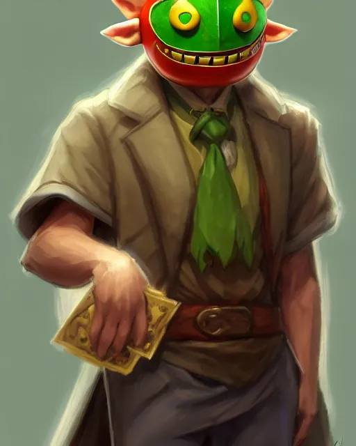 Image similar to character concept art of the happy mask salesman from the legend of zelda | | handsome - fine - face, pretty face, realistic shaded perfect face, fine details by stanley artgerm lau, wlop, lois van, rossdraws, james jean, andrei riabovitchev, marc simonetti, and sakimichan, tranding on artstation