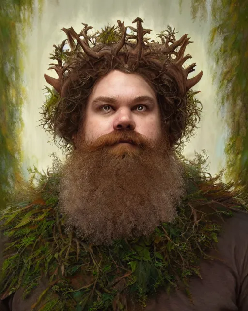 Image similar to patrick rothfuss as a forest druid with ram horns and leaves in his beard | highly detailed | very intricate | symmetrical | cinematic lighting | award - winning | closeup portrait | painted by donato giancola and mandy jurgens and magali villenueve | featured on artstation, promotional still