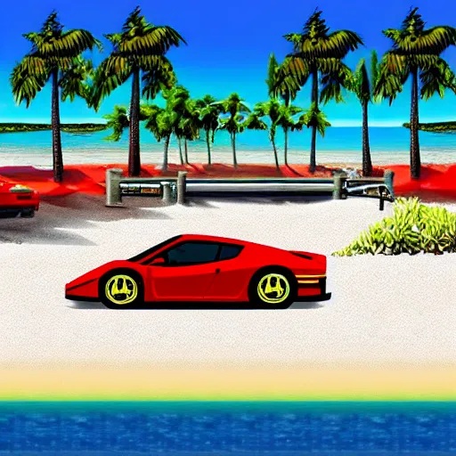 Image similar to a red Ferrari testarossa next to a white sand beach with palm trees. 16bit graphics. Outrun game