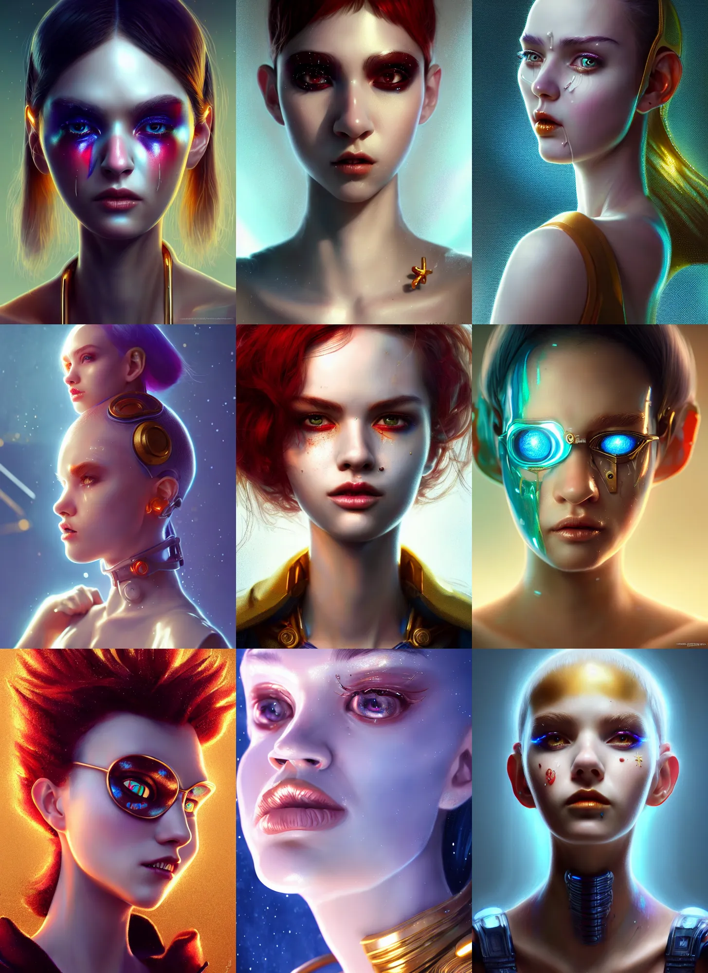 Prompt: pixar portrait 8 k photo, beautiful shiny white porcelain rich galactic wet clowncore russian cyborg college girl, golden ratio jewelry, sci - fi, fantasy, cyberpunk, intricate, decadent, highly detailed, digital painting, octane render, artstation, concept art, smooth, sharp focus, illustration, art by artgerm, loish, wlop