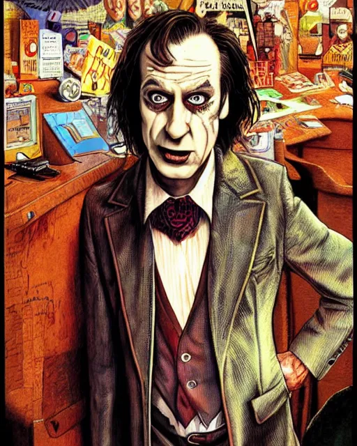 Prompt: portrait of saul goodman as the joker, illustration, art by neil gaiman and peter elson