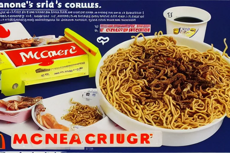 Image similar to mcdonald's fried slugs and crickets served with noodles meal, in 1 9 9 5, y 2 k cybercore, advertisement photo