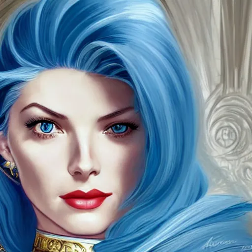 Prompt: A combination of Grace Kelly's and Katheryn Winnick's and Ashley Greene's faces with blue hair as She-Ra, western, D&D, fantasy, intricate, elegant, highly detailed, digital painting, artstation, concept art, matte, sharp focus, illustration, art by Artgerm and Greg Rutkowski and Alphonse Mucha