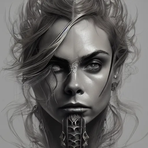 Image similar to Cara Delevigne, physically accurate, dynamic lighting, intricate, elegant, highly detailed, digital painting, artstation, HR GIGER, Hieronymus Bosch, Francis Bacon, concept art, smooth, sharp focus, illustration, art by artgerm and greg rutkowski and alphonse mucha