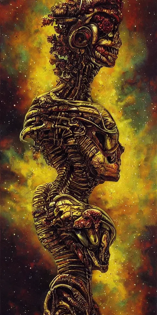 Prompt: oil painting scene from Alien 2 movie Giger with melting gold, colorful glow flowers, nebula background art by kim jung gi