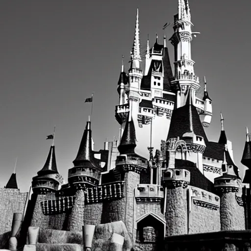 Image similar to the Disney castle made of bones and skulls, black and white