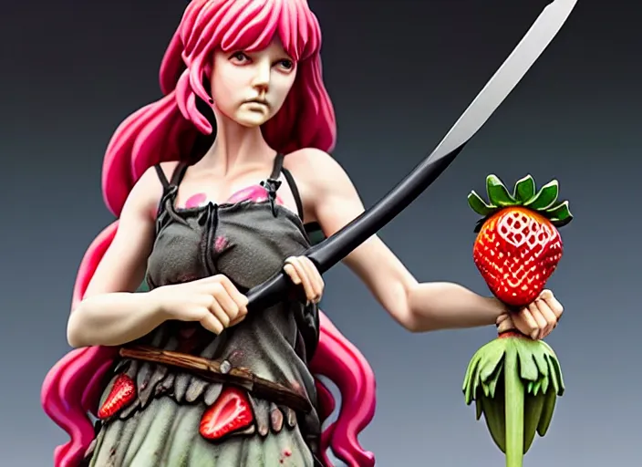 Prompt: a dramatic femo figurine of a cute funny spear wielding strawberry fairy survivalist with bandages wearing a dirty floral torn strawberry dress featured on the walking dead by kentaro miura and gamesworkshop, carrying survival gear, wearing strawberry backpack, using a modelling knife as a spear, dark foreboding atmosphere, 🎀 🗡 🍓 🧚