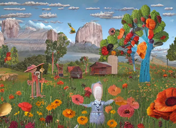 Image similar to whimsical simple folk art, lowbrow, matte painting, 3 - d highly detailed, in the style of ammi phillips,