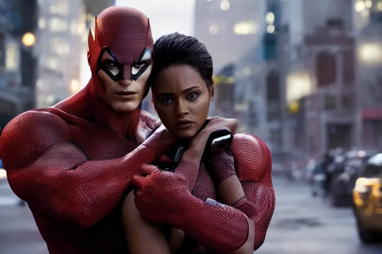 Image similar to movie powerful mutant heroes interracial couple closeup, DC Marvel fashion, VFX powers at night in the city, city street, beautiful skin, natural lighting by Emmanuel Lubezki