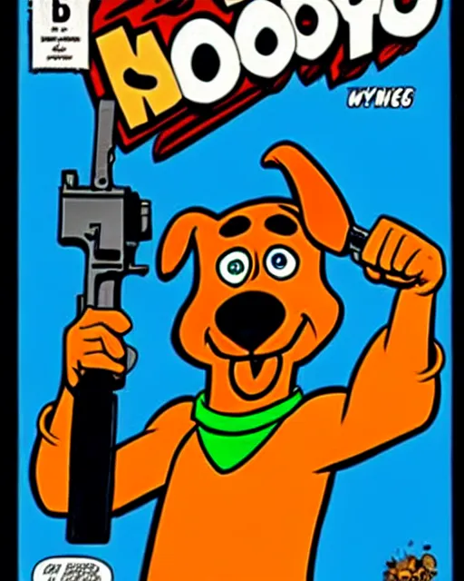 Image similar to scooby doo holding a gun as comic cover art, full body scooby doo, symmetrical eyes, beautiful, rim lighting, vivid colors, no text