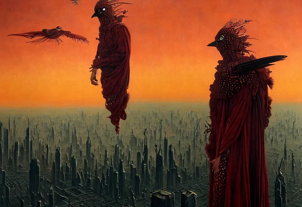 Image similar to realistic detailed portrait movie shot of a birdman wearing dark ragged robes, futuristic city sunset landscape background by denis villeneuve, amano, yves tanguy, alphonse mucha, ernst haeckel, max ernst, roger dean, rich moody colours, cinematic