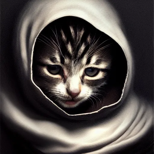 Image similar to a portrait of a kitten wearing a black hood, cloak covering face, anatomically correct, beautiful perfect face, enigmatic, oil painting, matte, black background, Volumetric dynamic lighting, Highly Detailed, Cinematic Lighting, Unreal Engine, 8k, HD, by Beksinski