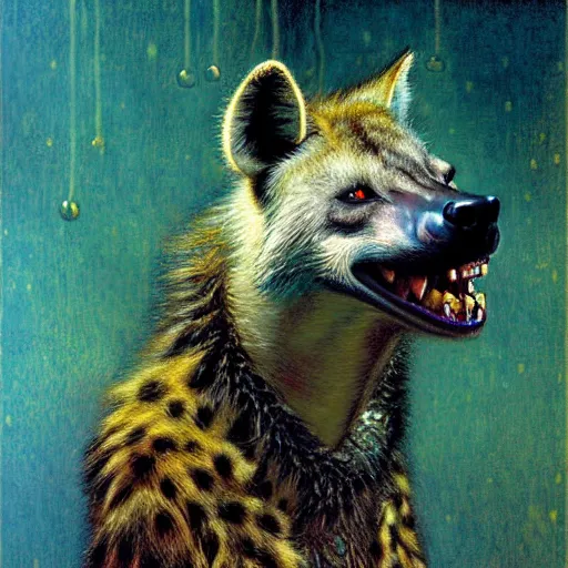 Image similar to portrait of a male hyena wolf wearing towel in front of a bath. shadowrun furaffiniy cyberpunk fantasy highly detailed painting by gaston bussiere craig mullins jc leyendecker gustav klimt artgerm greg rutkowski john berkey, bergey, craig mullins, ruan jia, raymond swanland, jeremy mann, tom lovell, alex malveda