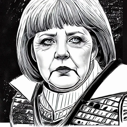 Image similar to a beautifully detailed warhammer 4 0 k portrait of angela merkel. pen and ink by moebius.