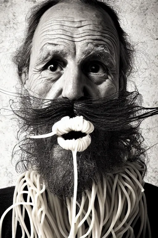 Image similar to extremely detailed portrait of old italian cook, spaghetti mustache, slurping spaghetti, spaghetti in the nostrils, spaghetti hair, spaghetti beard, huge surprised eyes, shocked expression, scarf made from spaghetti, full frame, award winning photo by eric lafforgue