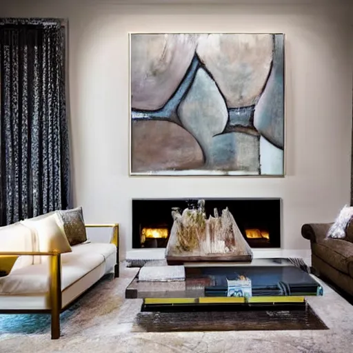 Prompt: mockup photo of luxury contemporary interior with large framed contemporary paintings, trending on pinterest