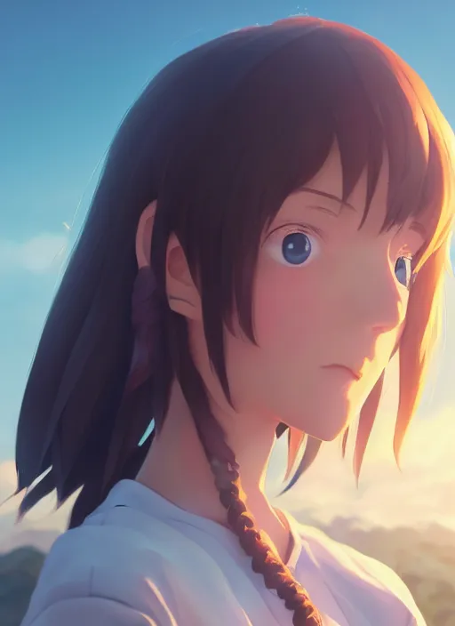 Prompt: A centred portrait anime girl with a sky background, rendered by Makoto Shinkai, syd meade, environment concept, digital art, trending on artstation, low level, 4K UHD image, octane render