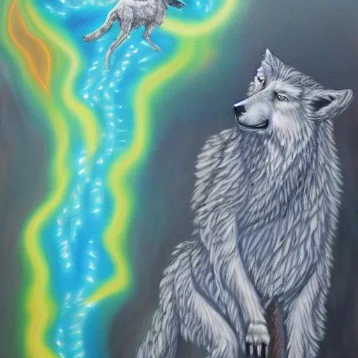 Prompt: an anthromorphic wolf jedi using the force to levitate a sheep, by amanda clark in a psychedelic style, oil on canvas