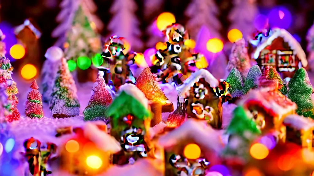 Image similar to closeup of colorful miniature gingerbread candy village at night, fantasy, fairytale, forest, christmas, snow, bokeh, depth of field 1 0 0 mm, cinematic scene, studio quality, visually stunning, unreal engine, octane render, trending on artstation, artgerm, cgsociety