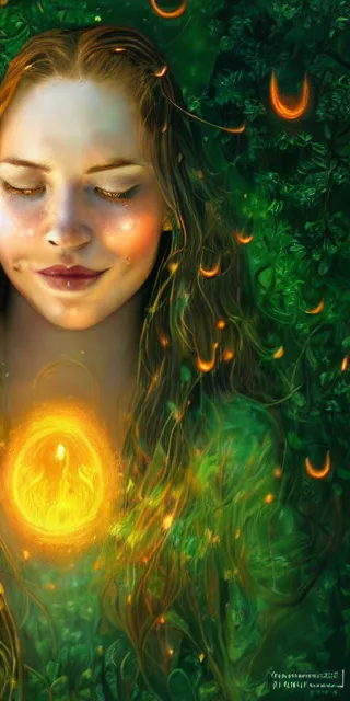 Image similar to infp young woman, smiling amazed, golden fireflies lights, sitting in the midst of nature fully covered, long loose red hair, intricate linework, bright accurate green eyes, small nose with freckles, oval shape face, realistic, expressive emotions, dramatic lights magical scene, hyper realistic ultrafine art by michael cheval, jessica rossier, boris vallejo