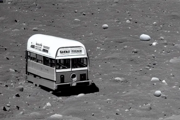 Image similar to a wide angle photo of a bus on the moon