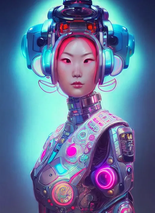 Image similar to wide angle portrait shot of female japanese android wearing a vr headgear and in an elaborate kimono dress, hologram hovering around her, intricate detail, cyber neon lighting, highly detailed, artstation, glamor pose, concept art, art by peter mohrbacher and artgerm and james jean, pinterest, artstation,