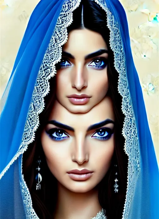 Image similar to beautiful ameera al taweel, bright blue eyes, long wavy black hair, white veil, in the style of stefan kostic, realistic, sharp focus, 8k high definition, insanely detailed, intricate, elegant, art by stanley lau and artgerm