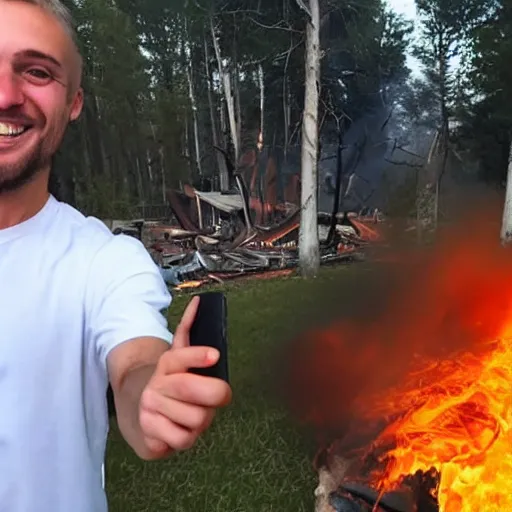 Image similar to a selfie of a guy smiling while fire consumes everything around him