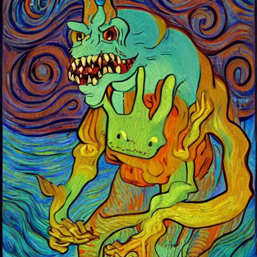 Image similar to whimsical silly painting of a terrifying demon, in the style of studio ghibli and moebius and claude monet and vincent van gogh