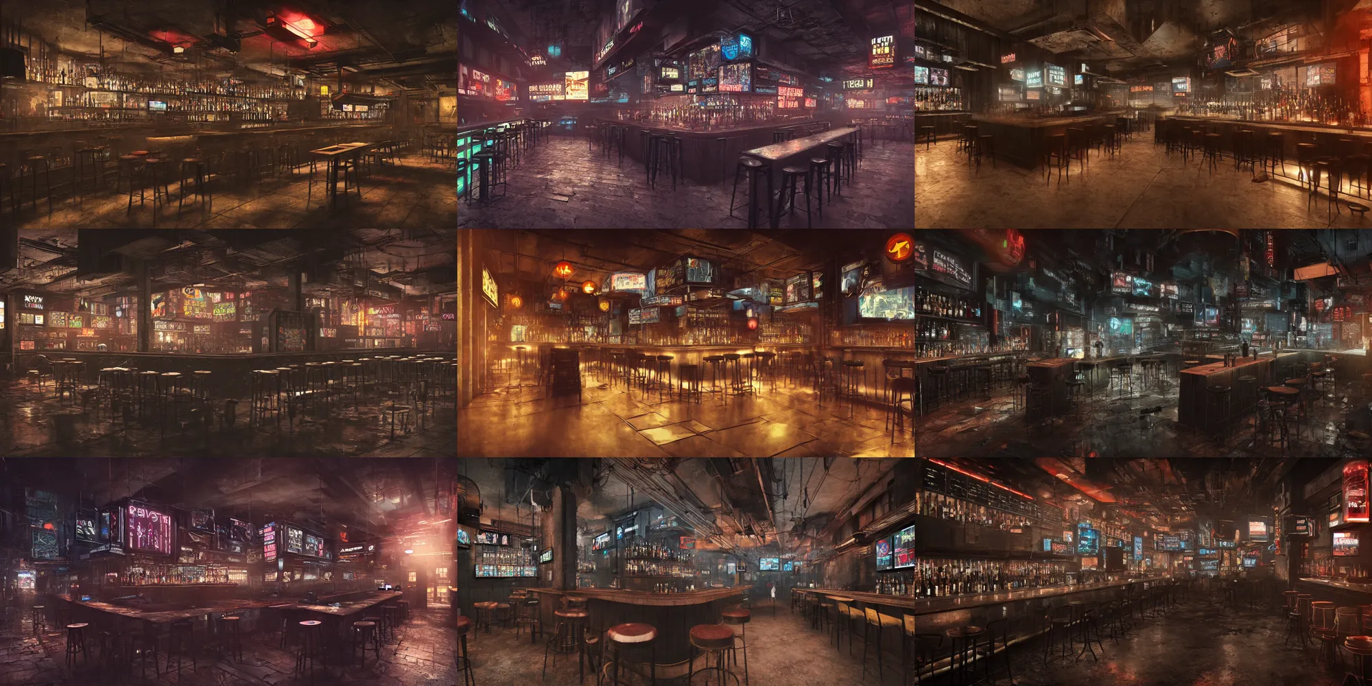 Prompt: gritty, dimly lit, cyberpunk bar with no people in it. hyperrealism photorealistic photography hyper real resolution cinematic, Beautiful, Vray, Octane Render