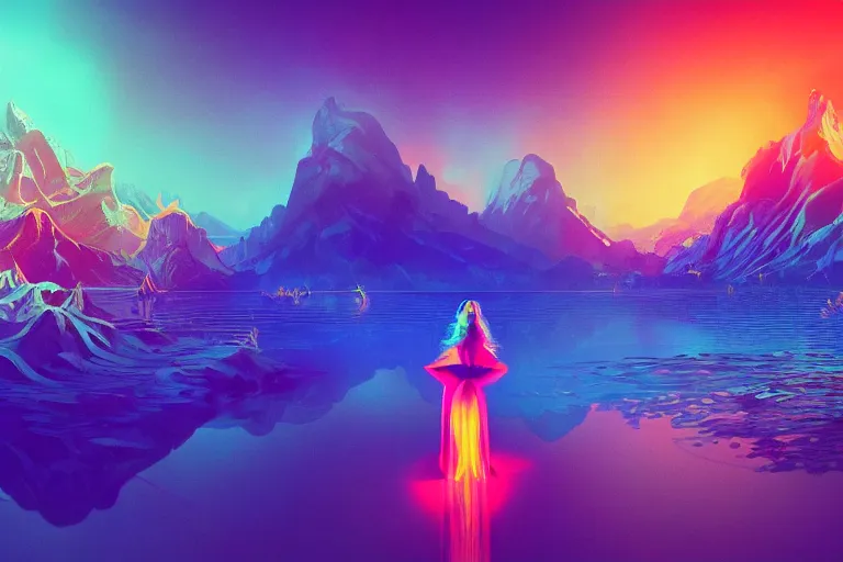 Prompt: wide ((wide)) photo of surreal beautiful beautiful woman (((dynamic neon lighting)) in chromatic dmt trippy lake with glowing birds, mountains, elegant, highly detailed, sharp focus, illustration, beautiful, geometric, trending on artstation, cinematic, artwork by Tran, Ross and Aivazovsky, Ivan