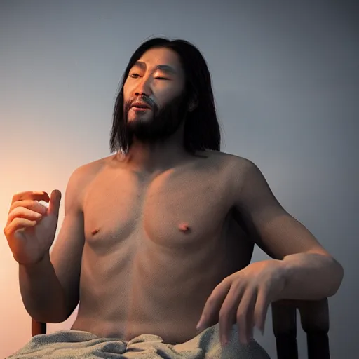 Image similar to hyper realistic unreal engine 4 render of a half - cat half - human asian jesus performing a miracle on a blind human