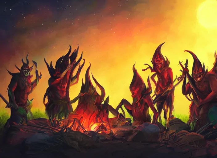 Prompt: Ethnic demons making music on a campfire on the night, colourful stars on the sky, trending on Artstation