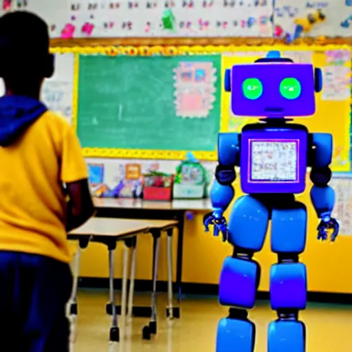 Prompt: a robot teaching kids in an elementary school, national geographic photography, 3 d