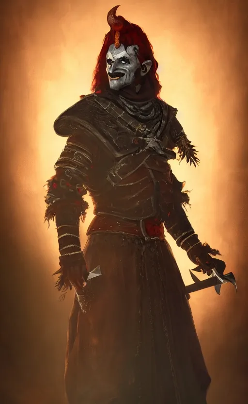 Image similar to an oil art portrait of young handsome pale roma, grim dark jester from gwent cards, gipsy blood mage with great sword character design from inquisition, 4 k, ultra detail, volumetric lighting, unreal engine, octane render