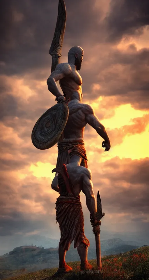 Prompt: a lonely god of war standing tall on a hill, photorealism, sunset, greek mythology