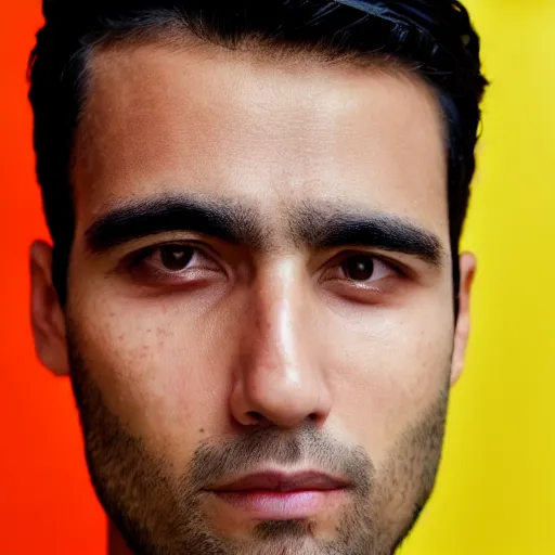 Image similar to close up of face of good looking 3 0 year old peruvian man with clean shaven face, no beard, thin face, skinny, very short straight black hair in a quiff style, color portrait, 4 k