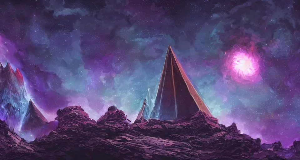 Image similar to black lovecraftian eldritch!! obsidian pyramid!! with a man standing, black desert, cosmic purple space!, bright stars, nebula, sky background by eugene von guerard, ivan shishkin, night, cosmic brightly purple space stars, concept art, trending on artstation, 8 k