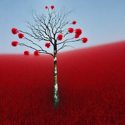 Prompt: white tree with red flowers made by zdzisław beksinski, high quality, cinematic, 8 k